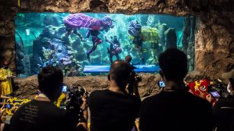 Barongsai beraksi menghibur pengunjung di akuarium SeaWorld Ancol, Jakarta, Senin (24/1/2022).  ANTARA FOTO/Muhammad Adimaja