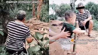 Cucu Belum Bisa Jalan, Kakek Buat Alat Mainan Stimulasi Pakai Bambu, Publik Menangis Terharu