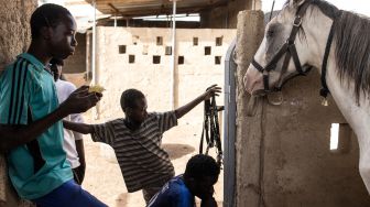 Beberapa pemuda berteduh didalam kandang kuda di Kota Ouagadougou, Burkina Faso, Selasa (1/2/2022). [Photo by JOHN WESSELS / AFP]