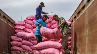 Buruh melakukan bongkar muat barang di Pelabuhan Sunda Kelapa, Jakarta Utara, Jumat (18/2/2022). [Suara.com/Alfian Winanto]