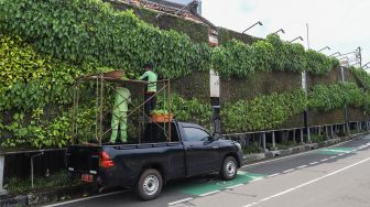 Petugas melakukan perawatan taman vertikal di Kawasan Tugu Tani, Jakarta Pusat, Jumat (18/2/2022). [Suara.com/Alfian Winanto]