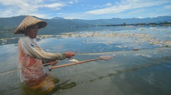 Nelayan mengayuh perahunya di antara ikan mati pada keramba jaring apung (KJA) di Danau Maninjau, Nagari Duo Koto, Kabupaten Agam, Sumatera Barat, Sabtu (19/2/2022).  ANTARA FOTO/Iggoy el Fitra