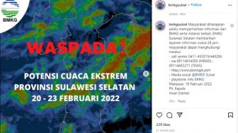 BMKG Imbau Waspadai Cuaca Ekstrem Pada 20-23 Februari 2022 di Wilayah Sulawesi Selatan