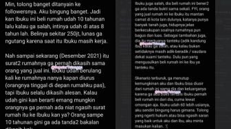 Anak Curhat Pilu Ibu Beli Rumah Rp 250 Juta Tapi Tak Diberi Surat, Kini Terancam Diusir