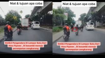 Viral Detik-detik Pemotor Kejatuhan Batu dari Atas Flyover, Warganet Penasaran:Ada yang Lempar?