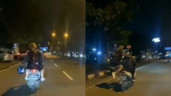 Diduga Berantem Sama Ayang, Perempuan Ini Nekat Lompat dari Motor, Warganet Ketar-Ketir Kondisi Lutut