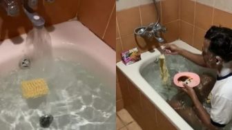 Viral Cowok Berendam Sambil Masak Mie di Bathtub, 'Pecinta Mie Auto Puasa'