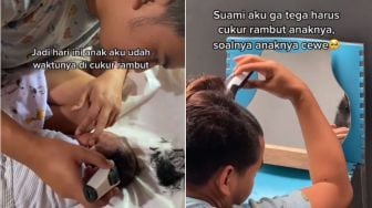 Momen Cukur Rambut Bayi Perempuan, Ayah Tak Tega Berakhir Temani Anak Ikut Botaki Kepalanya, Publik: So Sweet Banget!