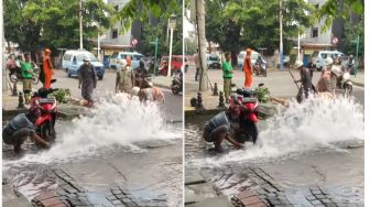 Cara Pemotor Cuci Motor dengan Manfaatkan Musibah di Jalan Bikin Publik Heran, Kesempatan dalam Kesempitan Nih