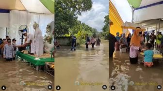 Banjir Bukan Penghalang! Viral Kondangan Tetap Digelar Walau Air Setinggi Lutut, Warganet: Bisa Sekalian Cuci Piring
