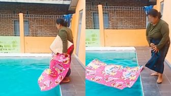 Emak-emak Ikut Tren Gelar Karpet Tiduran di Atas Kolam, Endingnya Bikin Warganet Bengek