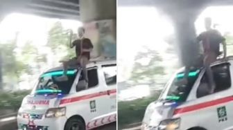 Viral Video Pria Nangkring di Atas Ambulans Parpol yang Lakukan Iring-iringan, Beralasan Sedang Betulkan Sirine