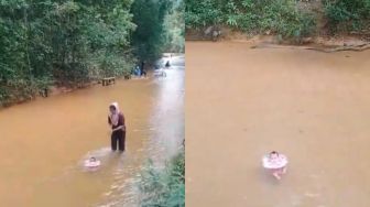 Low Budget, Ortu Ajak Anak Renang Bagaikan Sedang Spa Bayi di Sungai Bertanah Cokelat, Tuai Perdebatan