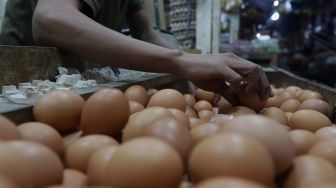 Pedagang menata telur ayam di salah satu kios di Pasar Minggu, Jakarta, Minggu (5/6/2022). [Suara.com/Angga Budhiyanto]