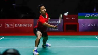 Pebulu tangkis tunggal putra Indonesia Anthony Ginting melakukan serangan kepada pebulu tangkis tunggal putra Denmark Viktor Axelsen pada babak semi final Daihatsu Indonesia Master 2022 di Istora Senayan,  Jakarta Pusat, Sabtu (11/6/2022). [Suara.com/Alfian Winanto]