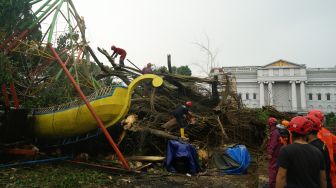 Petugas berupaya menyingkirkan pohon beringin yang tumbang di Lapangan Denggung, Sleman, D.I Yogyakarta, Senin (13/6/2022). ANTARA FOTO/Andreas Fitri Atmoko