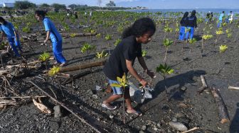 Peserta memungut sampah plastik di area konservasi tanaman mangrove, Pantai Dupa, Palu, Sulawesi Tengah, Sabtu (25/6/2022). [ANTARA FOTO/Mohamad Hamzah/rwa]