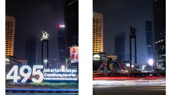 Foto kombo suasana pemadaman listrik saat pelaksanaan (kanan) dan sebelum dilaksanakan (kiri) Earth Hour di kawasan Bundaran HI, Jakarta, Sabtu(2/7/2022). [ANTARA FOTO/Muhammad Adimaja/rwa]