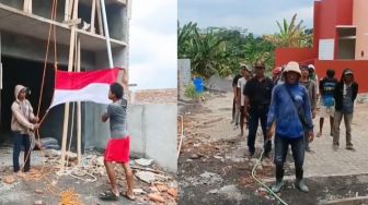 Ikut Kibarkan Bendera Merah Putih saat Kerja, Aksi Pekerja Bangunan Ini Bikin Salut