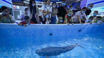 Pengunjung melihat robot yang didesain menyerupai ikan pada acara Konferensi Robot Dunia 2022 di Beijing, China, Kamis (18/8/2022). [WANG Zhao/AFP]
