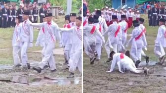 Paskibra di Riau Becek-becekan di Lapangan Berlumpur hingga Ada yang Terjatuh