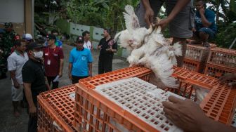 Peternak Perhimpunan Insan Perunggasan Rakyat (Pinsar) Jawa Tengah membagikan ayam gratis kepada warga pada kegiatan Baksos Ayam Broiler Gratis di Desa Bolon, Colomadu, Karanganyar, Jawa Tengah, Minggu (28/8/2022). ANTARA FOTO/Mohammad Ayudha
