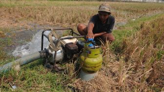 Petani menggunakan pompa air dengan bahan bakar gas elpiji di Bulurejo, Juwiring, Klaten, Jawa Tengah, Selasa (6/9/2022).  ANTARA FOTO/Aloysius Jarot Nugroho