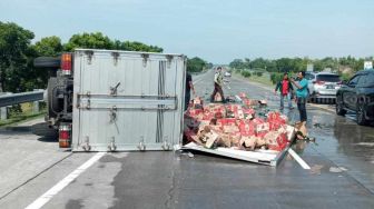 Gegara Pecah Ban Truk Box Bir Bintang Terguling, Ratusan Botol Berserakan di Tol