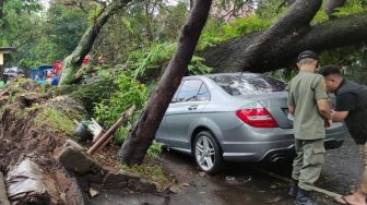 Detik-detik Pohon Tumbang Timpa Sedan Mercedes di Kota Bandung, Polisi: Tidak Ada Korban Jiwa