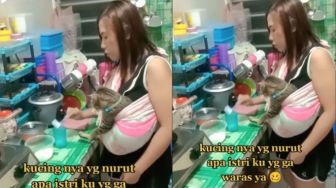 Dianggap Seperti Bayi, Perempuan Ini Gendong Kucing saat Buat Minuman