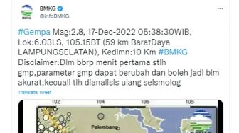 Selain Banten, Gempa M 2,8 Terjadi di Lampung Selatan