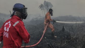 Petugas pemadam kebakaran dan relawan PMI melakukan proses pendinginan lahan gambut yang terbakar di Desa Natai Baru, Pangkalan Bun, Kotawaringin Barat, Kalimantan Tengah, Senin (2/1/2023). [ANTARA FOTO/Ario Tanoto].