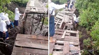 Anak SMP Susah Payah Lewat Jembatan Rusak di Indragiri Hilir, Pejabat Daerah Dicolek