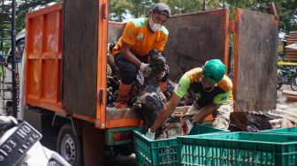 Petugas membersihkan sisa-sisa kebakaran di tempat penampungan hewan di Duren Sawit, Jakarta Timur, Senin (27/3/2023). [Suara.com/Alfian Winanto]