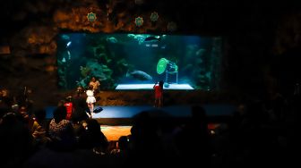 Pengunjung melihat ikan-ikan di aquarium SeaWorld Ancol, Jakarta Utara, Rabu (26/4/2023). [Suara.com/Alfian Winanto]