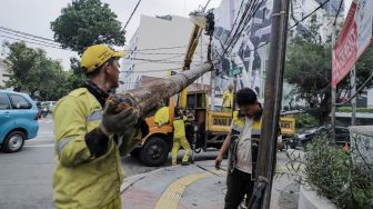 Petugas Dinas Bina Marga DKI Jakarta melakukan penataan kabel utilitas di sekitar Jalan Haji Agus Salim, Jakarta Pusat, Rabu (24/5/2023). [Suara.com/Alfian Winanto]