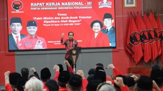 Presiden Joko Widodo berpidato saat berlangsungnya Rakernas PDI Perjuangan di Jakarta, Selasa (6/6/2023). [ANTARA FOTO/Monang Sinaga].
