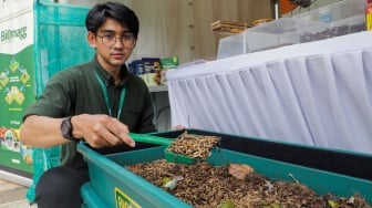 Peserta menunjukkan larva ulat untuk daur ulang dalam Festival Ekonomi Sirkular 2023 di Taman Menteng, Jakarta Pusat, Kamis (27/7/2023). [Suara.com/Alfian Winanto]