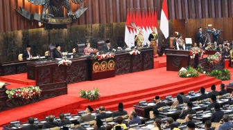 Suasana jalannya Sidang Tahunan DPR MPR di Gedung Nusantara, Kompleks Parlemen, Senayan, Jakarta, Rabu (16/8/2023). [Suara.com/Alfian Winanto/Pool via Dokumentasi Parlemen]