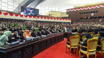 Suasana jalannya Sidang Tahunan DPR MPR di Gedung Nusantara, Kompleks Parlemen, Senayan, Jakarta, Rabu (16/8/2023). [Suara.com/Alfian Winanto/Pool via Dokumentasi Parlemen]