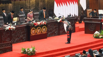 Presiden Joko Widodo saat Sidang Tahunan DPR MPR di Gedung Nusantara, Kompleks Parlemen, Senayan, Jakarta, Rabu (16/8/2023). [Suara.com/Alfian Winanto/Pool via Dokumentasi Parlemen]