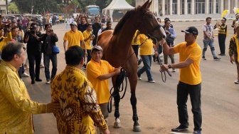 Datangi Markas Golkar jadi Pembicara, Prabowo Mendadak Dikasih Seekor Kuda Besar