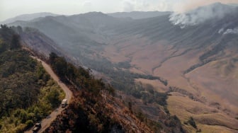 Api membakar hutan dan lahan (karhutla) kawasan Gunung Bromo terlihat di Pos Jemplang, Malang, Jawa Timur, Sabtu (9/9/2023). [ANTARA FOTO/Muhammad Mada/Spt]