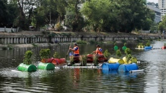 Petugas menyiram tanaman yang ada di dalam Pot Apung di Waduk Melati, Jakarta, Jumat (6/10/2023). [Suara.com/Alfian Winanto]