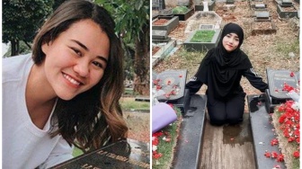 Beda Gaya Busana Fuji dan Aaliyah Massaid Saat Berziarah ke Makam Jadi Omongan