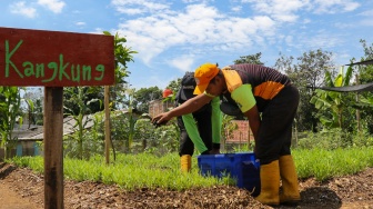 Petugas memberikan pupuk kompos ada tanaman di tempat penyaringan sampah di TB Simatupang, Jakarta, Jumat (12/1/2024). [Suara.com/Alfian Winanto]