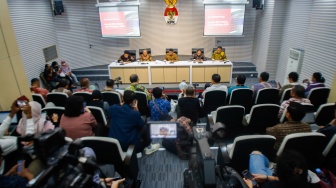 Suasana saat konferensi pers laporan hasil kinerja KPK selama tahun 2023 dan Arah Kebijakan 2024 di Gedung Merah Putih KPK, Jakarta, Selasa (16/1/2024). [Suara.com/Alfian Winanto]