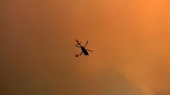 Seorang pria memadamkan kebakaran hutan yang melanda perbukitan di komune Quilpe, wilayah Valparaiso, Chili, Sabtu (3/2/2024). [Javier TORRES / AFP]