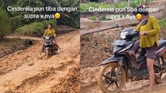 Bikin Deg-degan, Momen Wanita Ngebut Bawa Motor Supra di Jalan Berlumpur Bikin Gagal Fokus