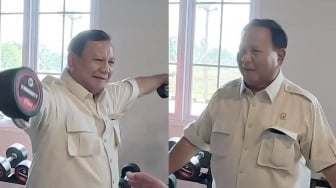 Prabowo Subianto Senyum Semringah Saat Angkat Barbel, Netizen: Beratnya Sama Kayak Utang Abah